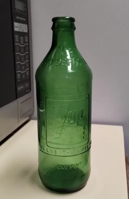 7-Up Green Glass 1960's Soda Bottle One Pint You Like It-It Likes You Nostalgia