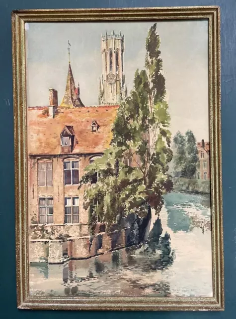 Original Antique Architectural River Watercolour Painting, Signed