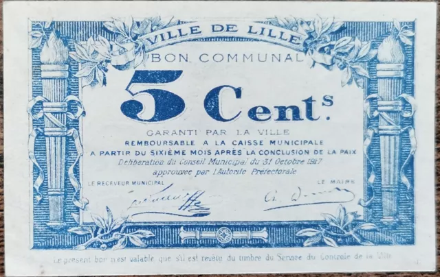 Bon Communal 5 centimes ville de LILLE 1917 nécessité série A n°511087