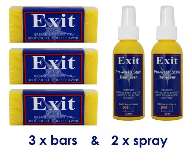 x5 Set of Exit Soap Products - 3x bars & 2x spray Stain Remover - Trusted brand!