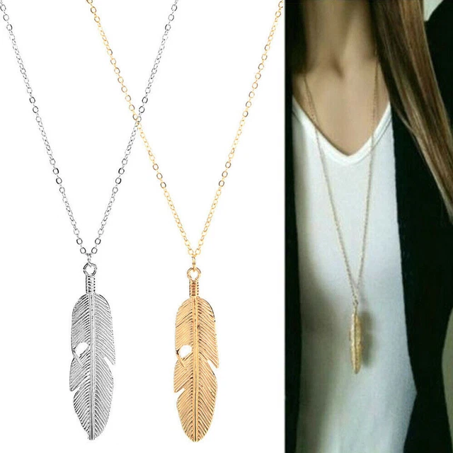 Gold/Silver Plated Big Feather Leaf Pendant Necklace Long Sweater Chain Women