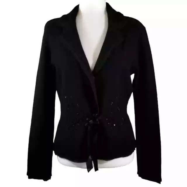 A i.e. Women's Black City Oasis Wool Embroidered Beaded Satin Tie Blazer NWT S