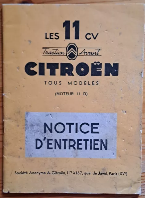 Notice d'entretien  Citroën Traction Avant 11 cv  1955