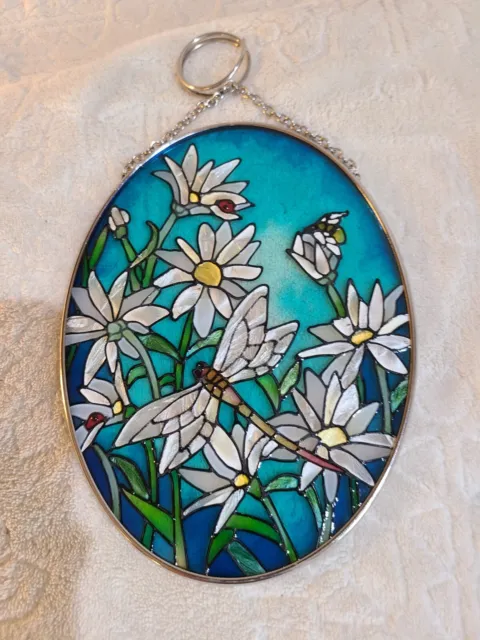 Stained Glass Suncatcher Oval Flowers and Dragonflies 7" × 5"