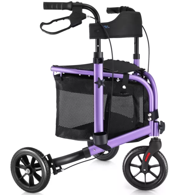 Rollator Walker Aluminum 3 Wheel Adjustable Foldable Lightweight with Seat Pouch