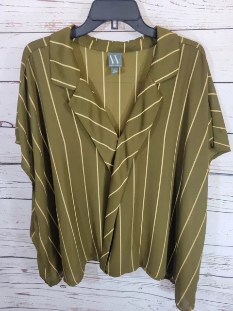 Worthington Green Striped Collared Short Sleeve Wrap Top Women's Plus Size 5X