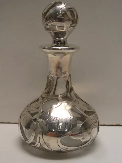 Antique Sterling Silver Floral Filigree Overlay Perfume Scent Bottle Monogrammed