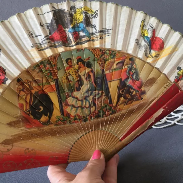 Vintage Wood & Fabric Folding Fan Spanish Scenes Bullfighting & Flamenco Dancing