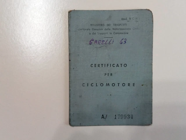 Libretto Circolazione Ciclomotore GARELLI 1963 ORIGINALE