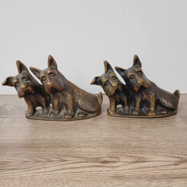 Antique Pair Of Cast Iron Scotty Dog Door Stop Bookends Bronzed Wonderful