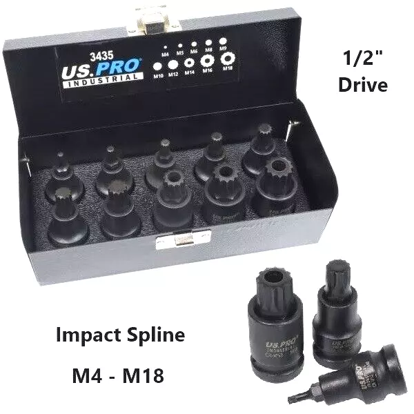 US PRO Industrial Impact Spline Bit Socket Set 1/2 Drive M4 - M18 3435 VW Audi