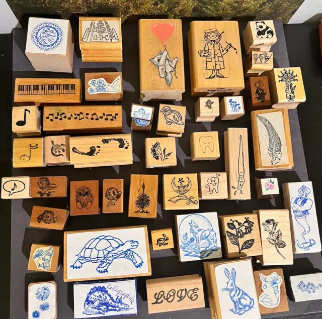 Huge Lot Rubber Stamps Art Crafting Wood Animals Nature Genie Musical Note 1990s