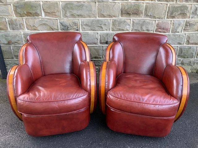 Pair Art Deco Walnut & Leather Cloud Club Chairs