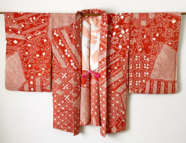 Vintage Silk Kimono Haori, Jacket, Robe. Hand Dyed Shibori. Red. Sensu Japanese