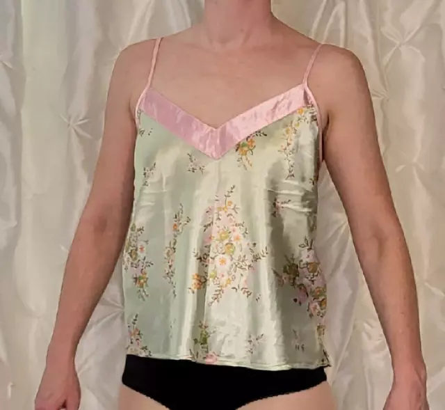 Vintage Shiny Camisole Green Floral Slippery Pink Satin Size X-Large Tank