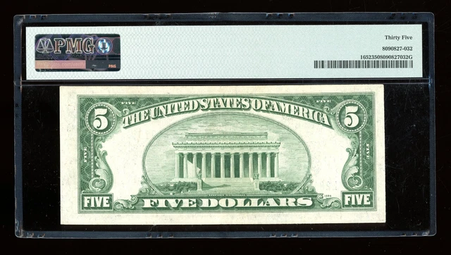 DBR 1934-B $5 Silver Fr. 1652 Vinson LA Block PMG 35 Serial L28492604A 2
