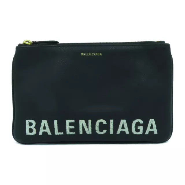 BALENCIAGA GHW Clutch Bag Pouch Calfskin Leather Black