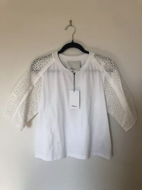 3.1 Phillip Lim Broderie Anglaise Combo Top Women's S White Solid Elbow Sleeve+