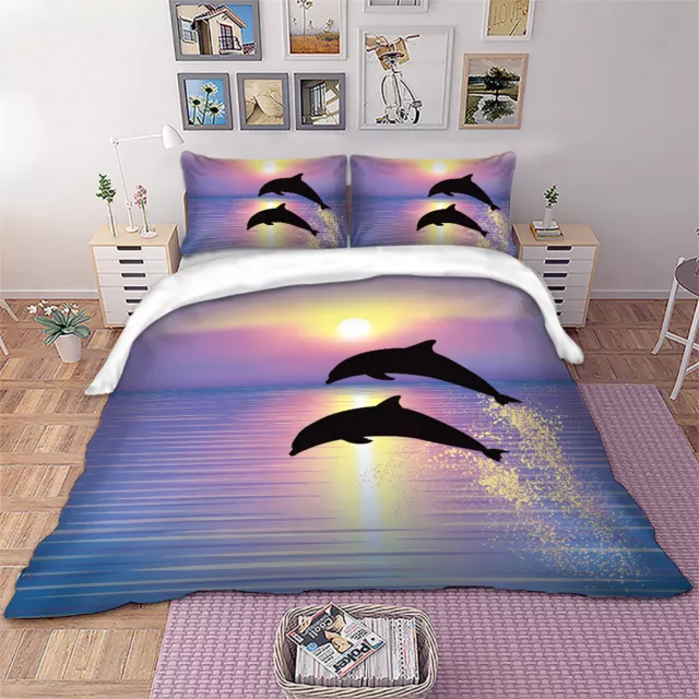 Dolphin Quilt Duvet Doona Cover Set Single Queen King Size Bed Animal Sunset New
