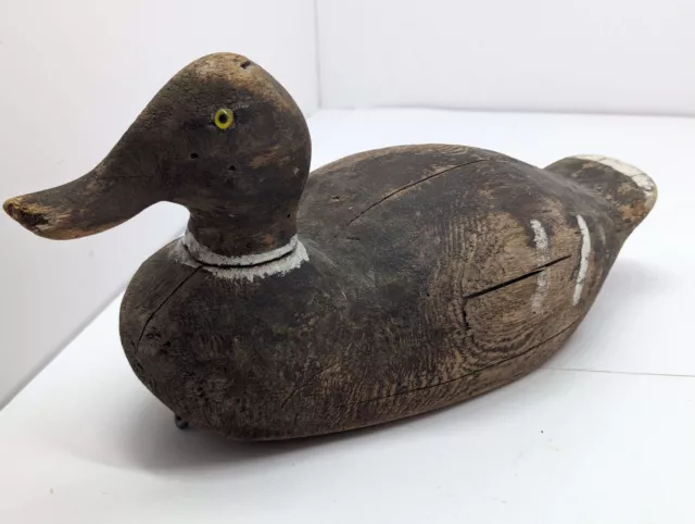 Antique Very Old Wooden Duck Decoy  Vintage Glass Eyes