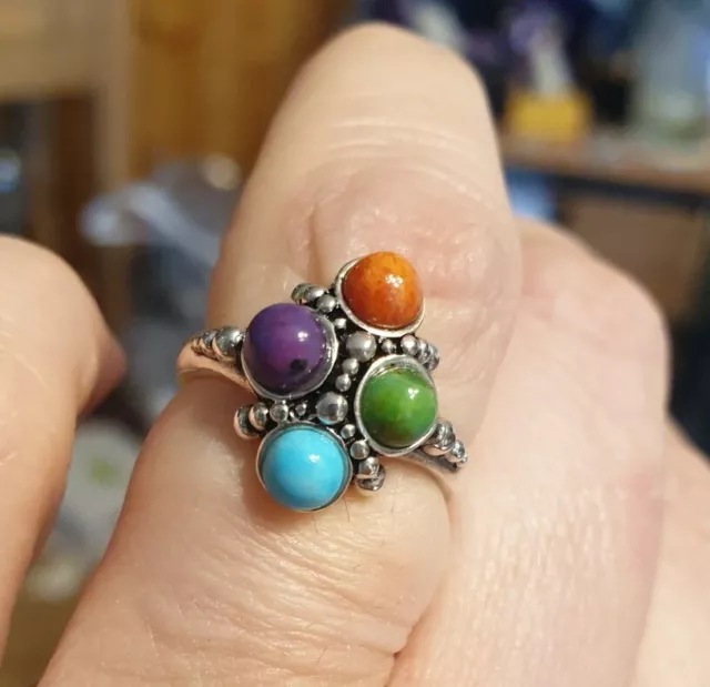 Native American Indian themed Sterling silver And Multicolored Na Turquoise Ring