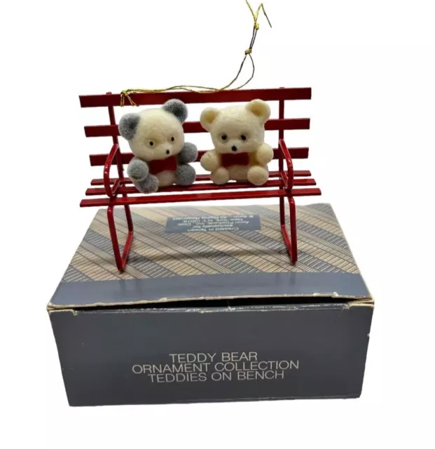 Vintage Avon Teddy Bear Metal Ornament Teddies On A Red Bench