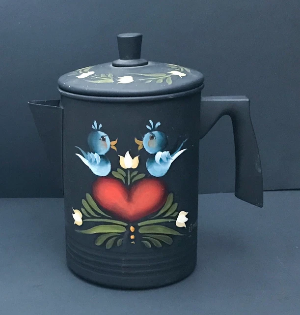 Vintage Black Toleware Coffee Pot Pennsylvania Dutch Hex Sign Art Birds Heart