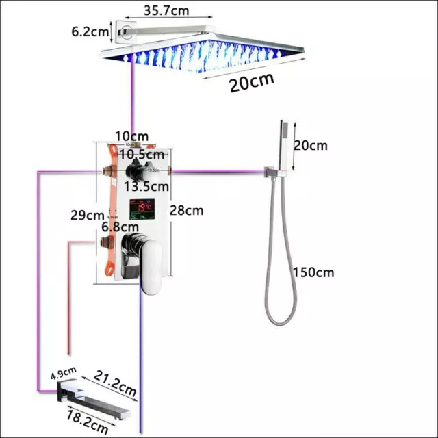 LED Duscharmatur Unterputz Set 20x20cm Regendusche Mischbatterie Kopfbrause ibox 2