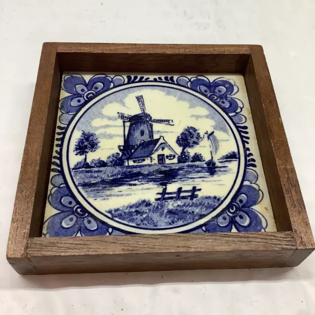 Antique Delft Porcelain Tile Blue White Dutch Holland Windmill Framed