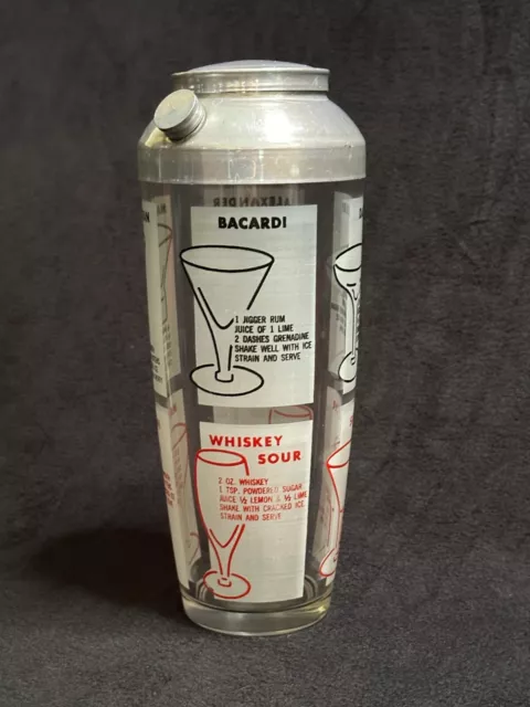 Vintage MCM Glass Cocktail Shaker Barware with Aluminum Lid and Drink Recipes