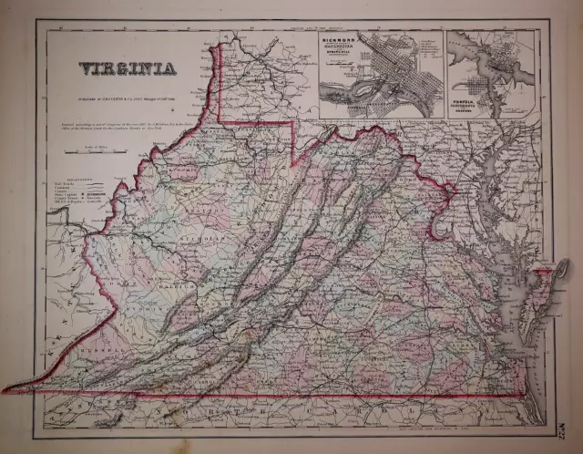 1857 Colton Atlas Map ~ PRE-WAR VIRGINIA ~ (14x17) ~ Free S&H -#502