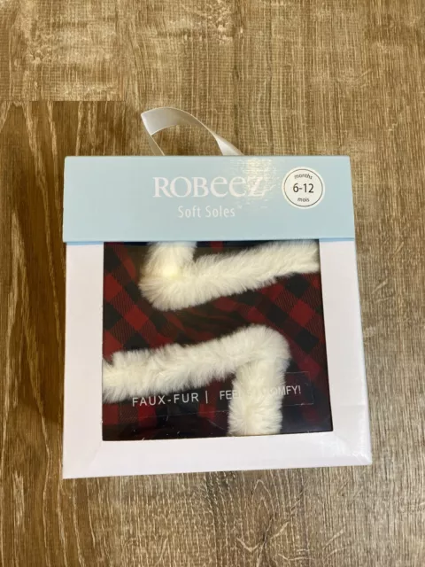 Robeez First Kicks Red Black Buffalo Plaid Check Fur leather bootie 6-12 NIB NEW