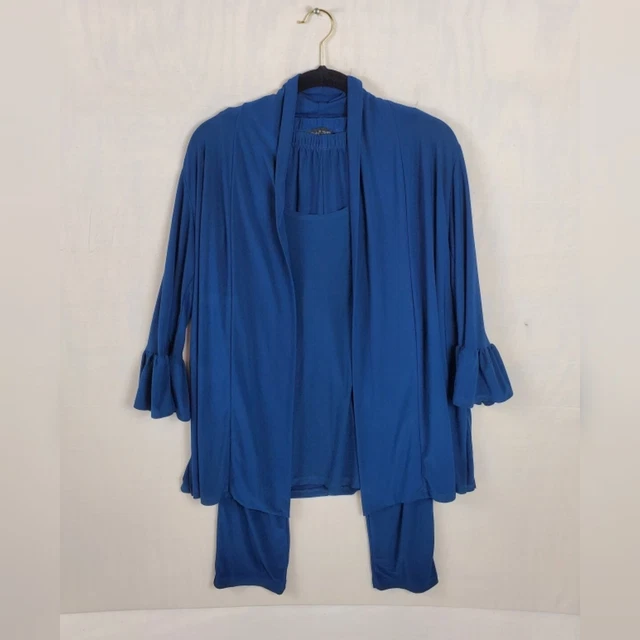 Slinky Brand 3 Piece Set Tank Top Pants Cardigan Real Blue Womens Size Small