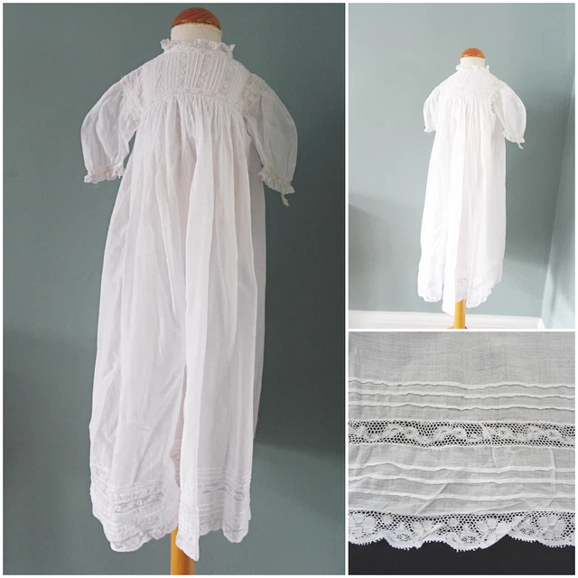 Abito Antico Bambino Valenciennes Inserti Pizzo Inserti Cotone Floreale Bianco c1890