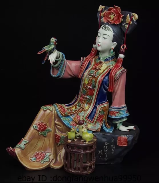 Chinese Pottery Wucai Porcelain Decoration Woman Ladies Girl Parrot Bird Statue
