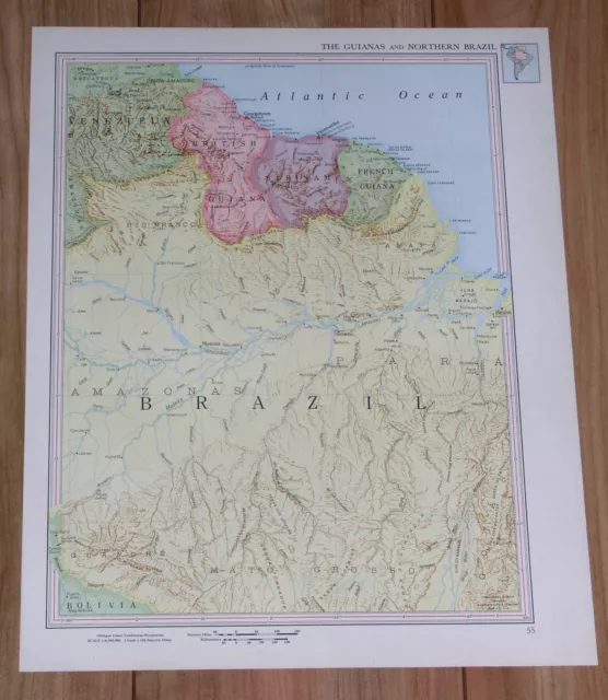 1951 Original Vintage Map Of Guyana Suriname French Guiana Brazil Verso Colombia