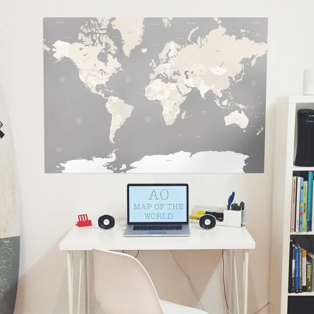 Huge Grey A0 Decorative Map of the World Print Wall Art Home Decor Globe Atlas