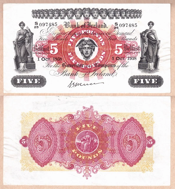 Bank of Ireland £5 1958 Statues of Hibernia. Nice Crisp Note in Choice VF/EF