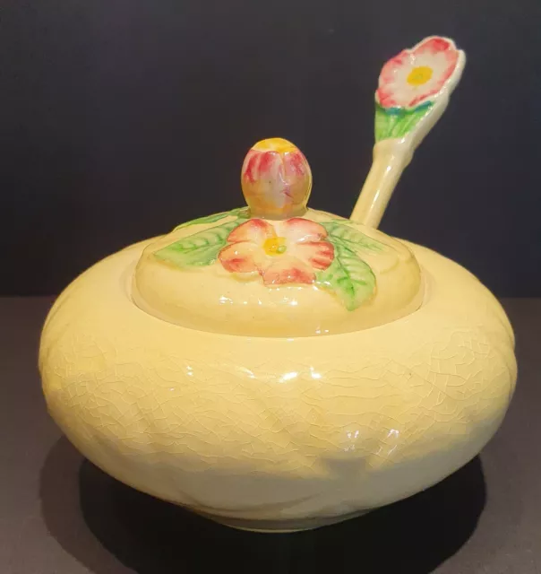 Adorable Carlton Ware 1950s Yellow Wild Rose Preserve Jam Pot - Original Spoon