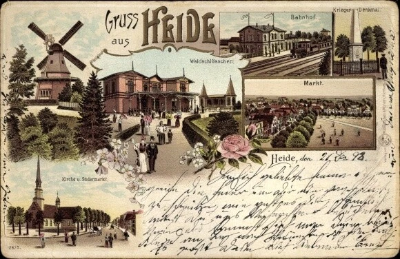 Litho Heide in Holstein, Waldschlösschen, Bahnhof, Kriegerdenkmal,... - 2853906