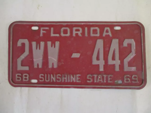 1968 1969  Florida  License Plate Tag CLEAR TO REGISTER 442 ENGINE OLDSMOBILE