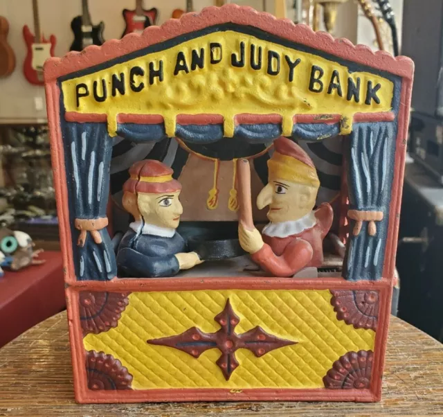 Vintage Punch and Judy Cast Iron Coin Bank Made in China Upper Deck LTD