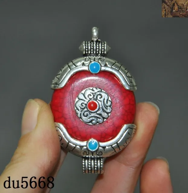 2"Chinese Feng Shui Tibetan silver Inlay red gem Exorcism Amulet periapt Pendant
