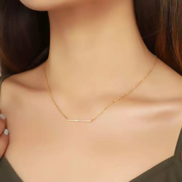 14K Yellow Gold Diamond Line Bar Necklace Wedding Necklace Elegant Jewelry Gift.