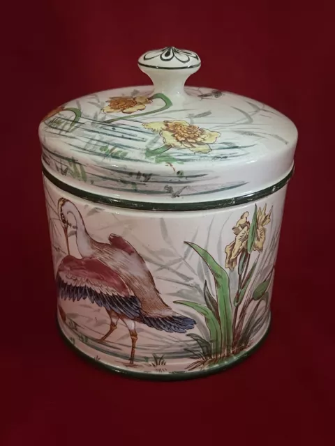 Rare Pot foie gras en faïence de Sarreguemines Décor Art Nouveau Cigogne Alsace