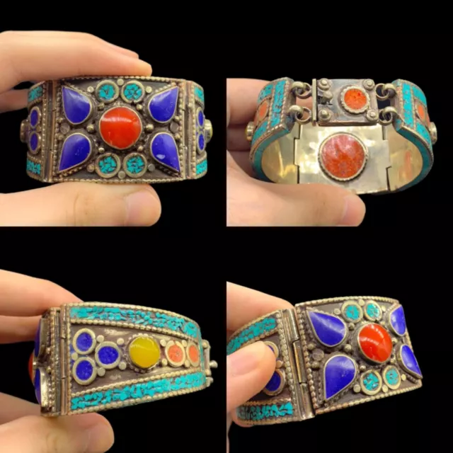 Wonderful Ancient Medieval Silver Bracelet With Natural Stones Restored