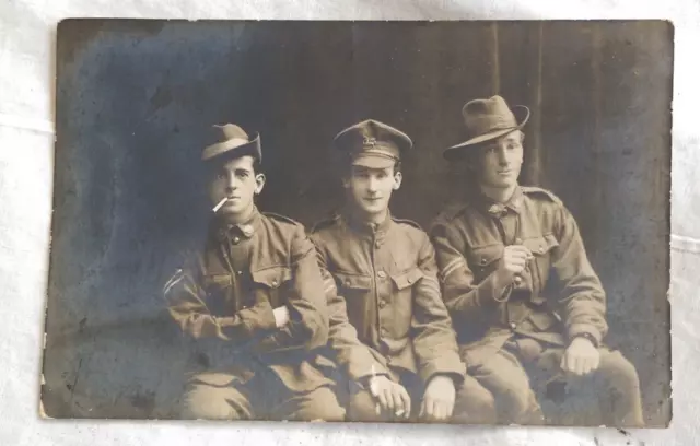 WW1 Australian group photo of 2 Diggers and British soldier.