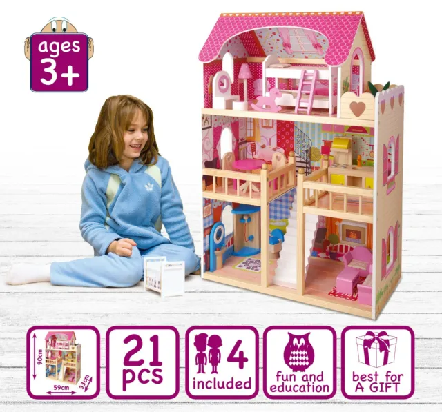 Casa de muñecas Villa de madera con muebles, para niños, todo de madera /005