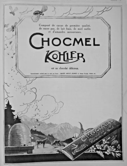 Publicité De Presse 1926 Chocolat Chocmel Kohler Au Lait Amande Et Miel - Vache
