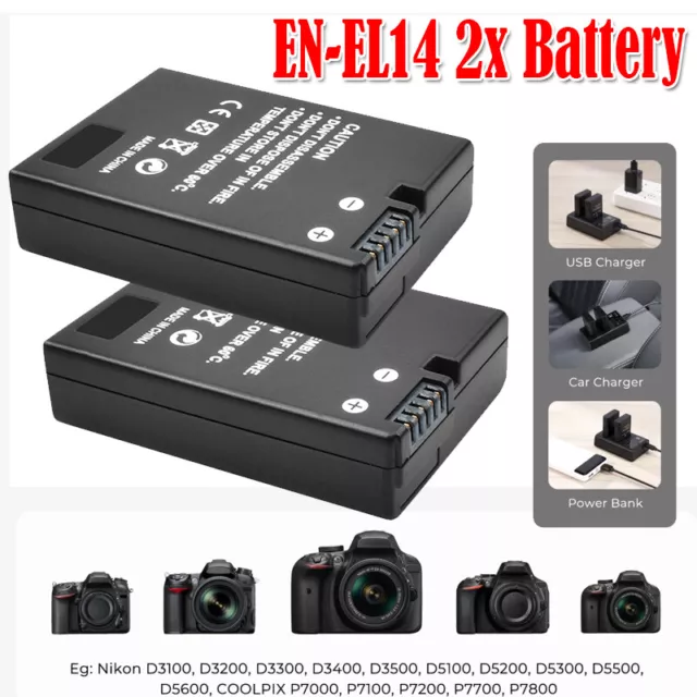 2X 2000 mAh EN-EL14 AKKU für Nikon D3100 D3200 D3300 D5100 D5200 D5300 D5500 DHL